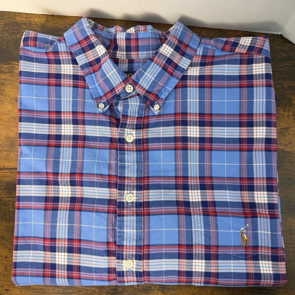 Polo Ralph Lauren Mens Shirt Size 3XB Blue Red Plaid Untucked Fit‎ Preppy Casual